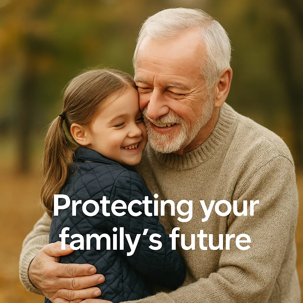 An older man embracing a young girl outdoors, captioned "Protecting your family’s future"