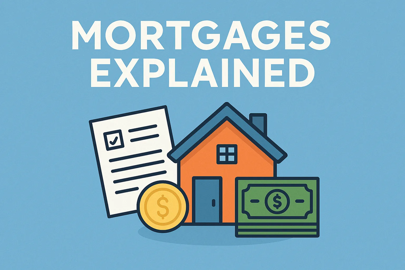Illustration of a house, a document and money, captioned "Mortgages Explained"